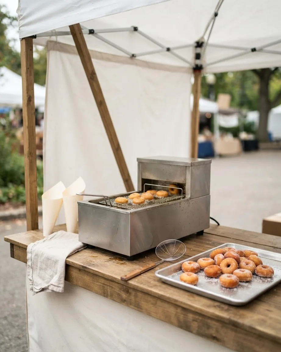 A countertop mini donut machine beneath a white market tent, with sugar-coated donuts on a tray beside it.