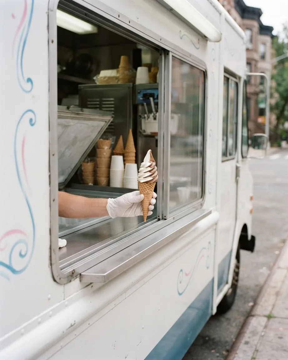 A gloved hand extends a soft-serve ice cream cone through the service window of a white ice cream truck parked at the curb.
