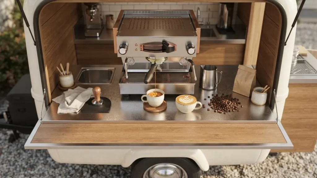 An espresso machine, coffee cups, and barista tools arranged inside a compact cream-colored mobile coffee truck.