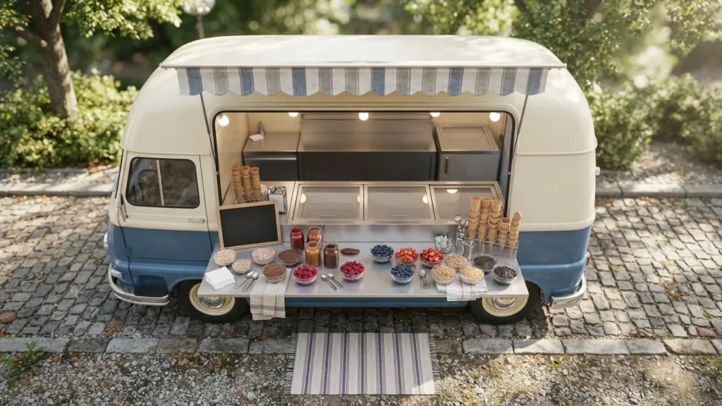 A vintage blue-and-cream ice cream truck with an open serving counter displaying cones, berries, and toppings.