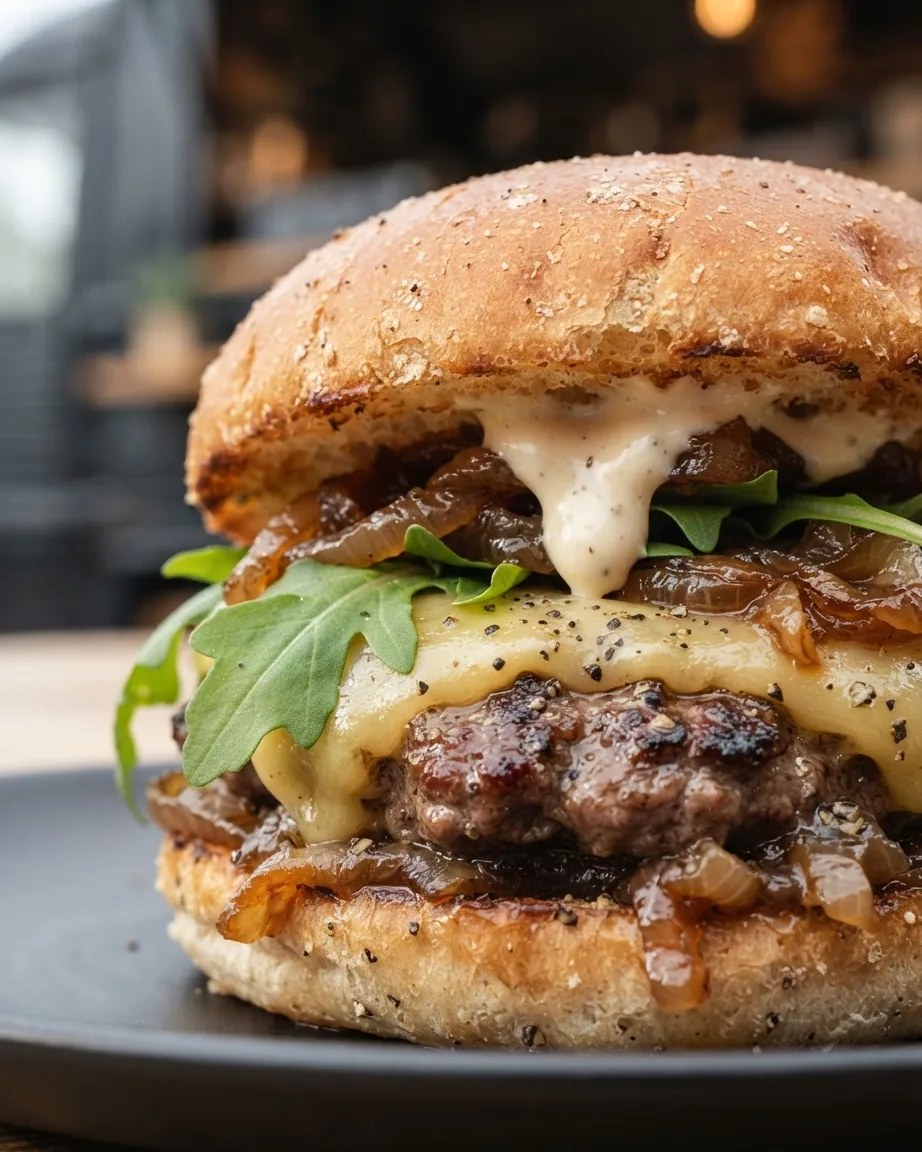 Close-up of a beef burger with melted cheese, caramelized onions, rocket leaves and creamy sauce on a toasted bun.
