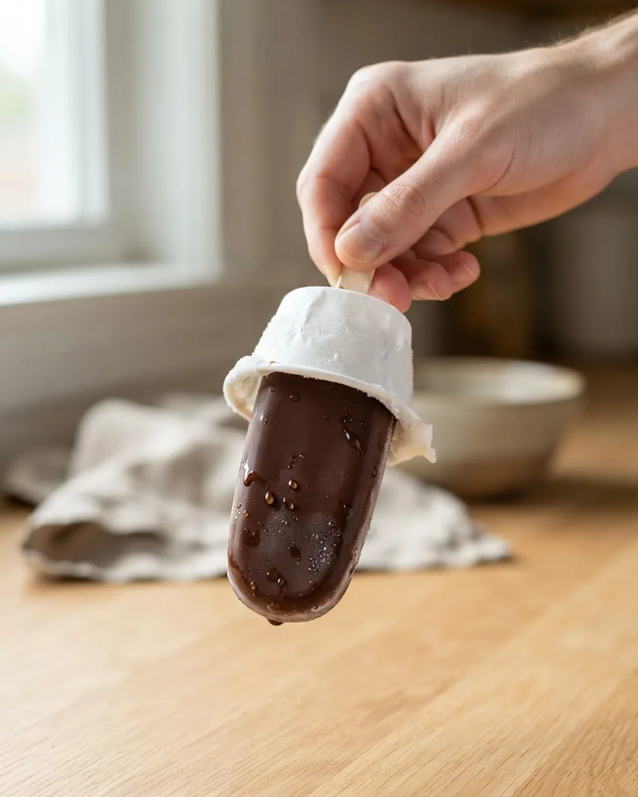 A hand peels a white paper cup from a chocolate-coated ice cream pop on a wooden stick above a kitchen counter.