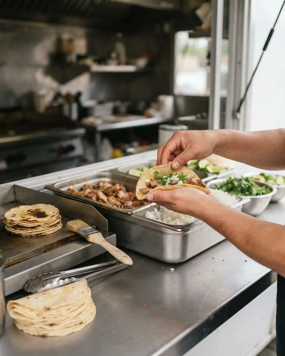 Hands assemble a meat-filled taco with cilantro at a food truck counter beside trays of fillings and stacks of tortillas.
