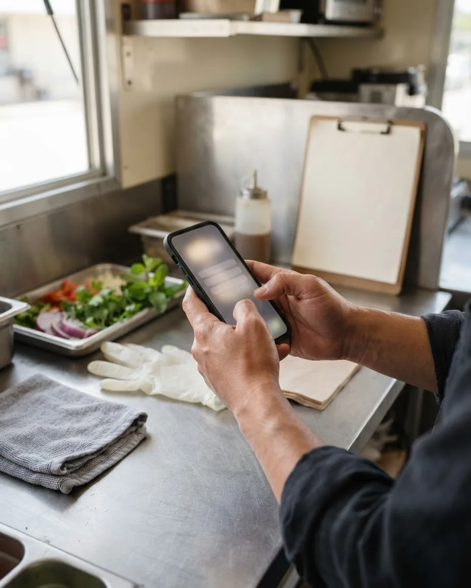 Hands operate a smartphone over a stainless steel food truck counter beside fresh vegetables, gloves, and a clipboard.
