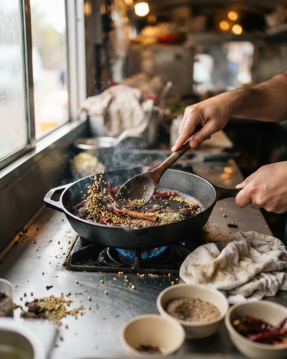 Hands stir whole spices and dried chilies in a cast-iron pan over a gas flame.