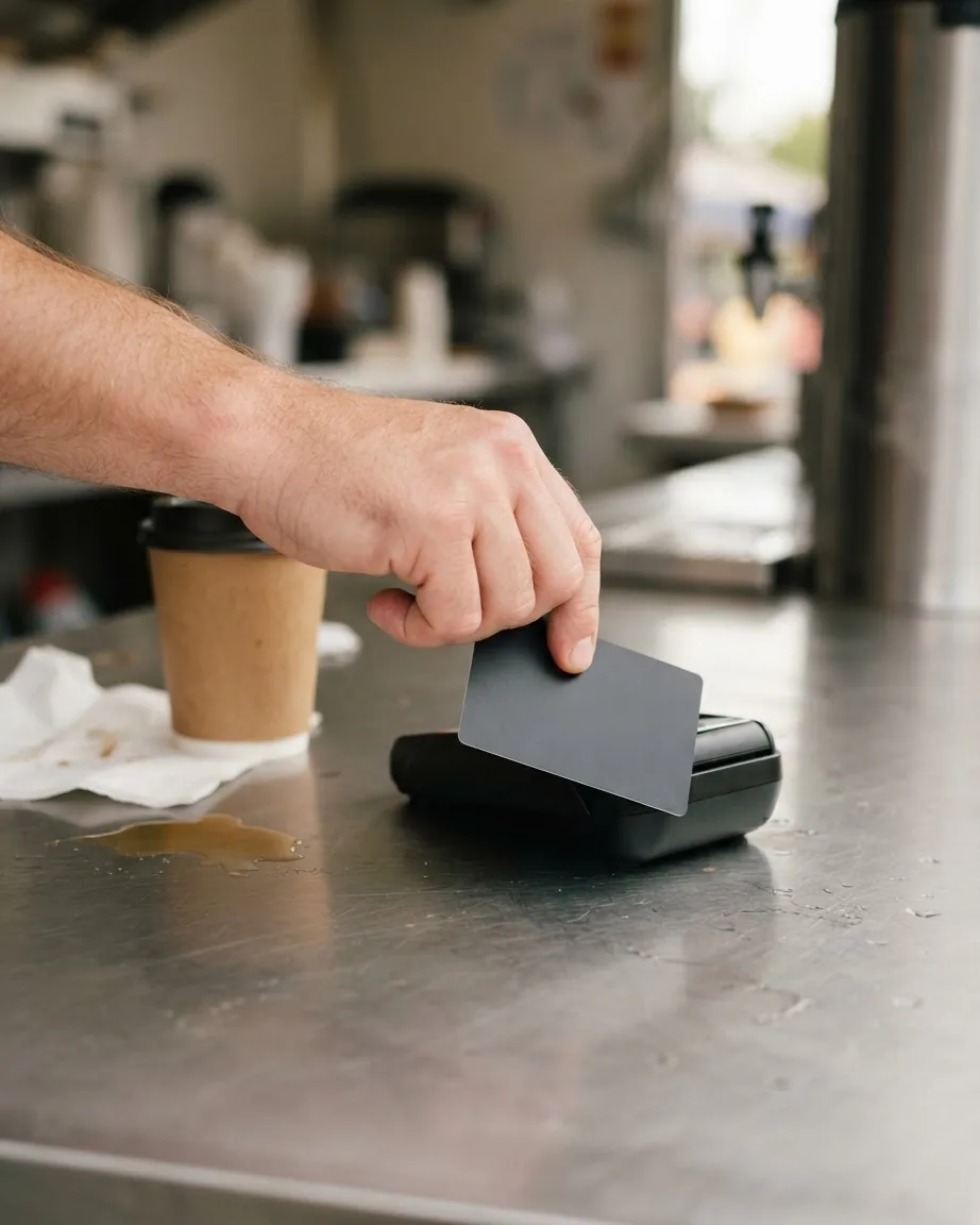 A hand holds a dark credit card over a contactless payment terminal beside a takeaway coffee cup on a metal counter.