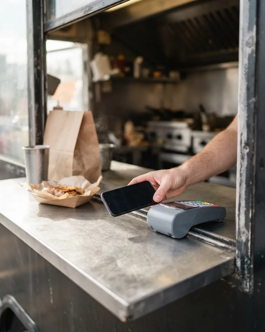 A hand holds a smartphone beside a card payment terminal at a food truck window, with food and a paper bag nearby.
