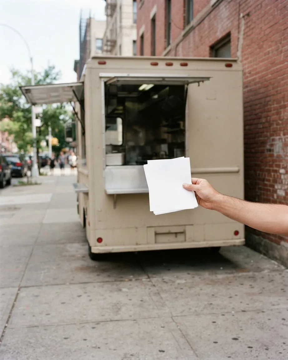 A hand holds blank white documents beside the open service window of a beige food truck.