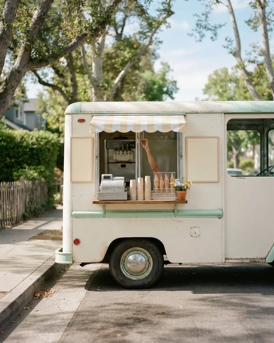 A vintage cream-colored ice cream truck parked along a leafy street, with cones and cups at its service window.