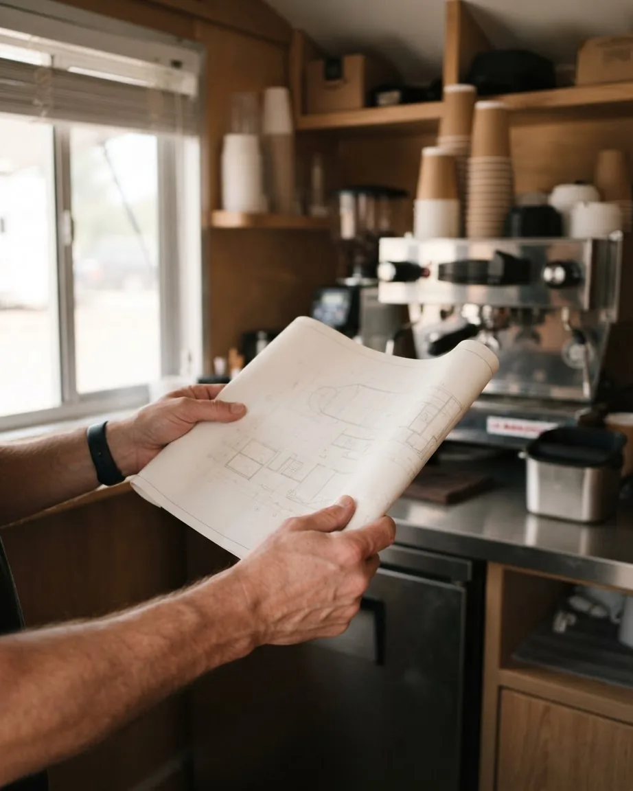 Hands hold a large sheet of technical drawings beside an espresso machine in a compact wooden coffee workspace.