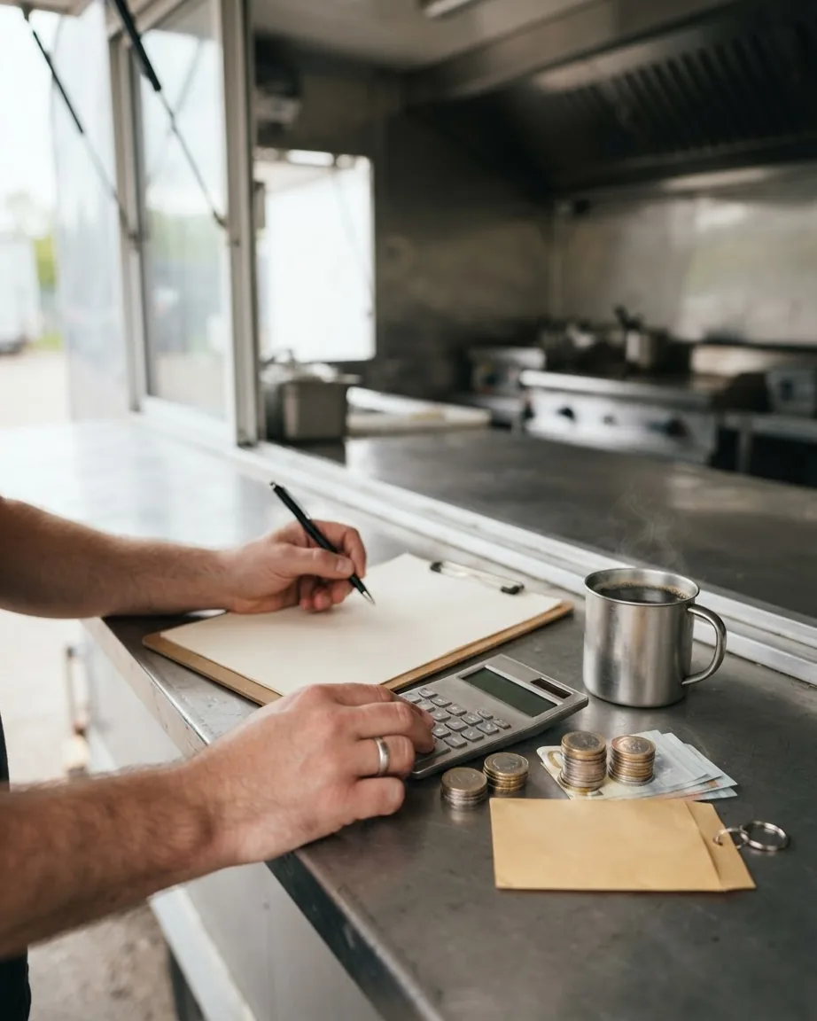 Hands use a calculator and write on a clipboard beside stacked coins, banknotes and a metal mug at a food truck counter.