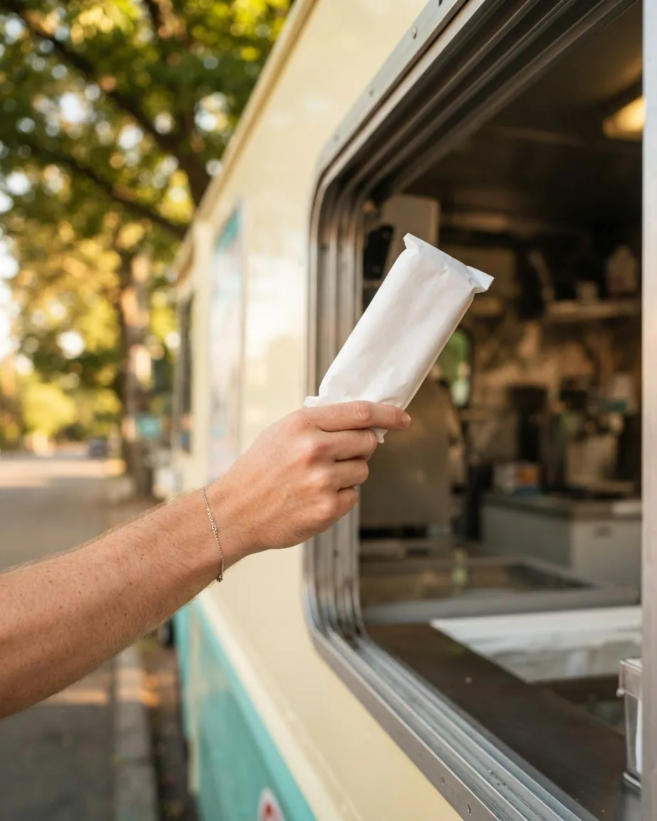 A hand holds a white-wrapped ice cream novelty beside the open service window of a cream-and-turquoise ice cream truck.