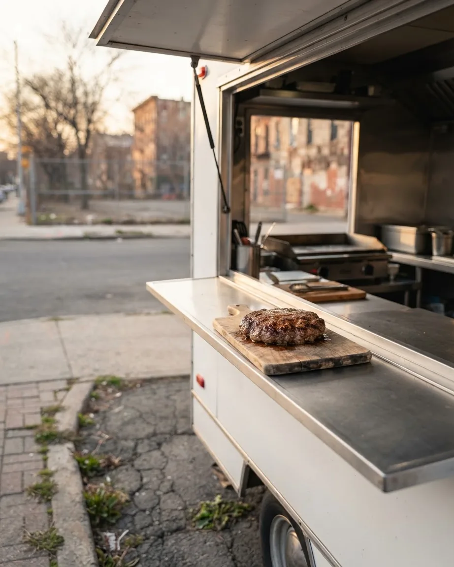 A single grilled beef patty rests on a wooden cutting board on the stainless steel counter of a street food truck.