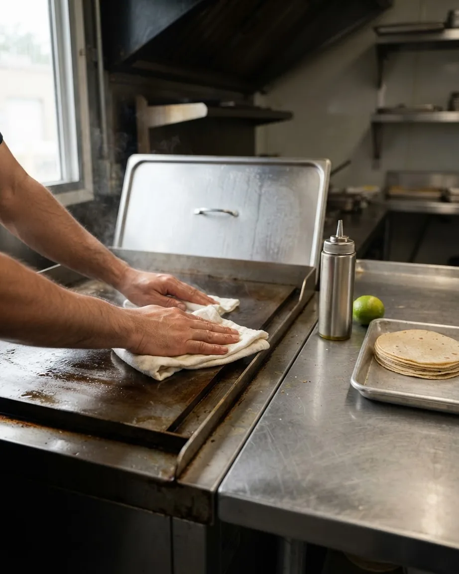 Hands wipe a commercial flat-top griddle with a cloth beside a metal oil bottle and a tray of tortillas.