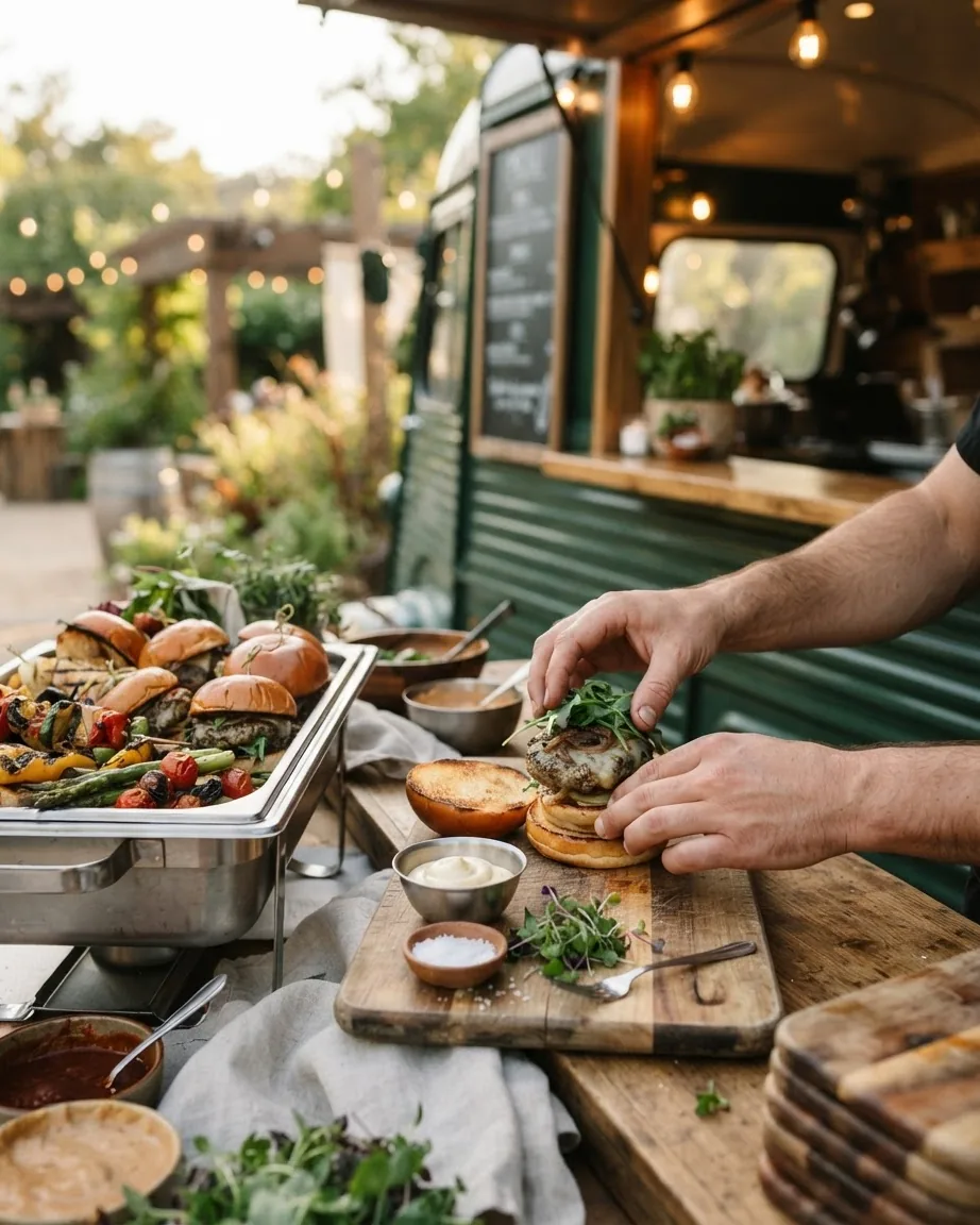 Hands assemble a burger on a wooden counter beside trays of grilled food at an outdoor food truck.