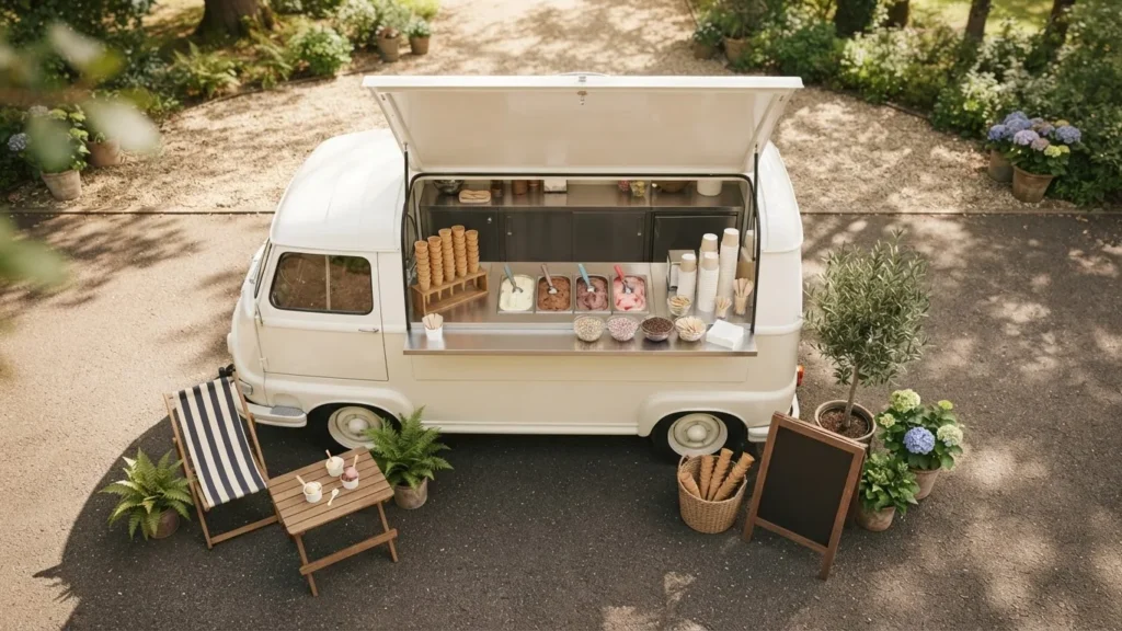 A vintage white ice cream truck with an open serving counter, cones and toppings, surrounded by plants and outdoor seating.