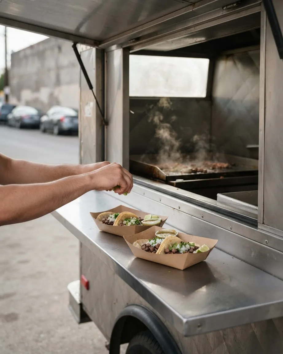 Hands garnish tacos in paper trays on the serving counter of a stainless steel food truck with a smoking grill.