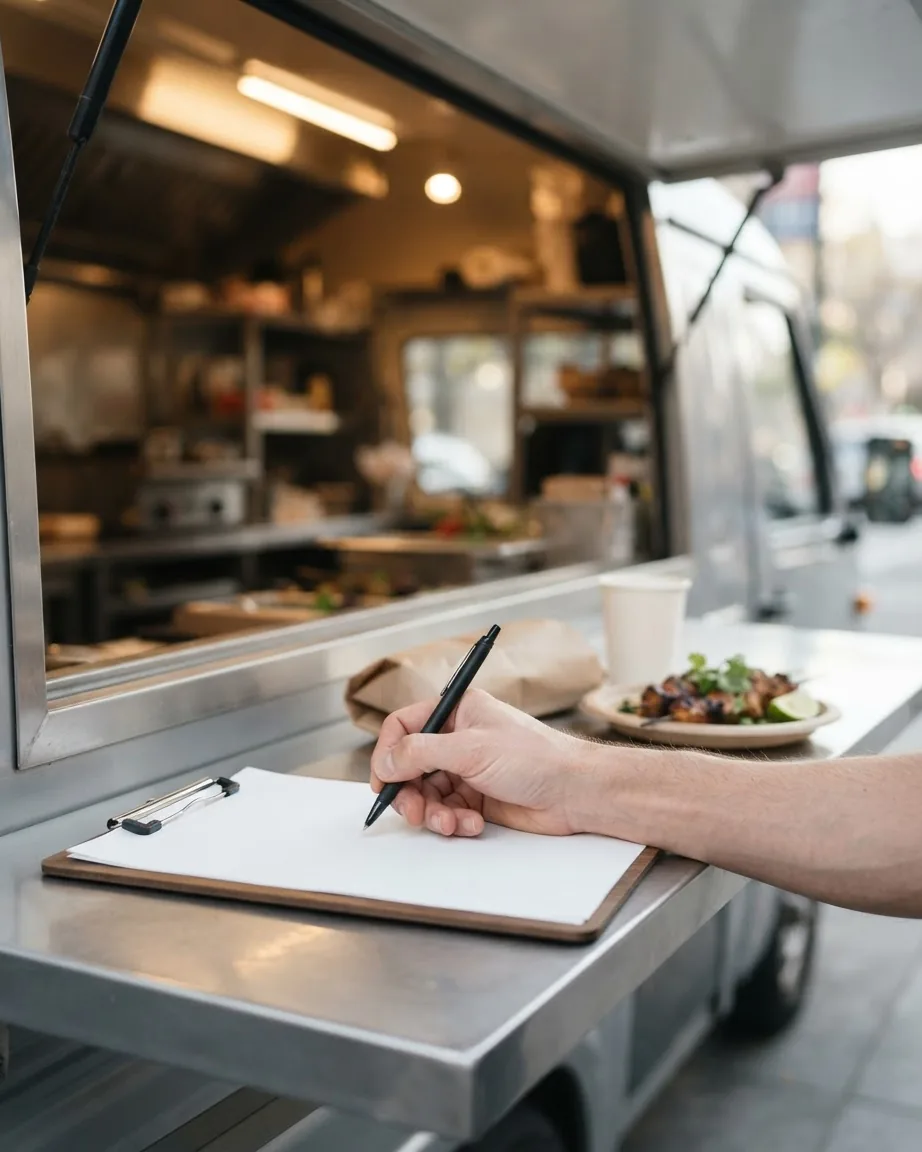 A hand holds a pen over a blank clipboard beside a food truck serving window.