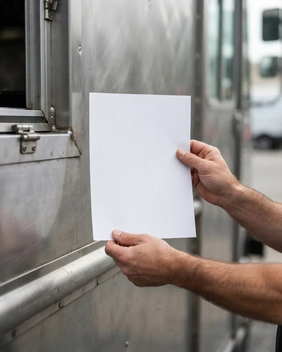 Two hands hold a blank white sheet of paper against the stainless steel exterior of a food truck.