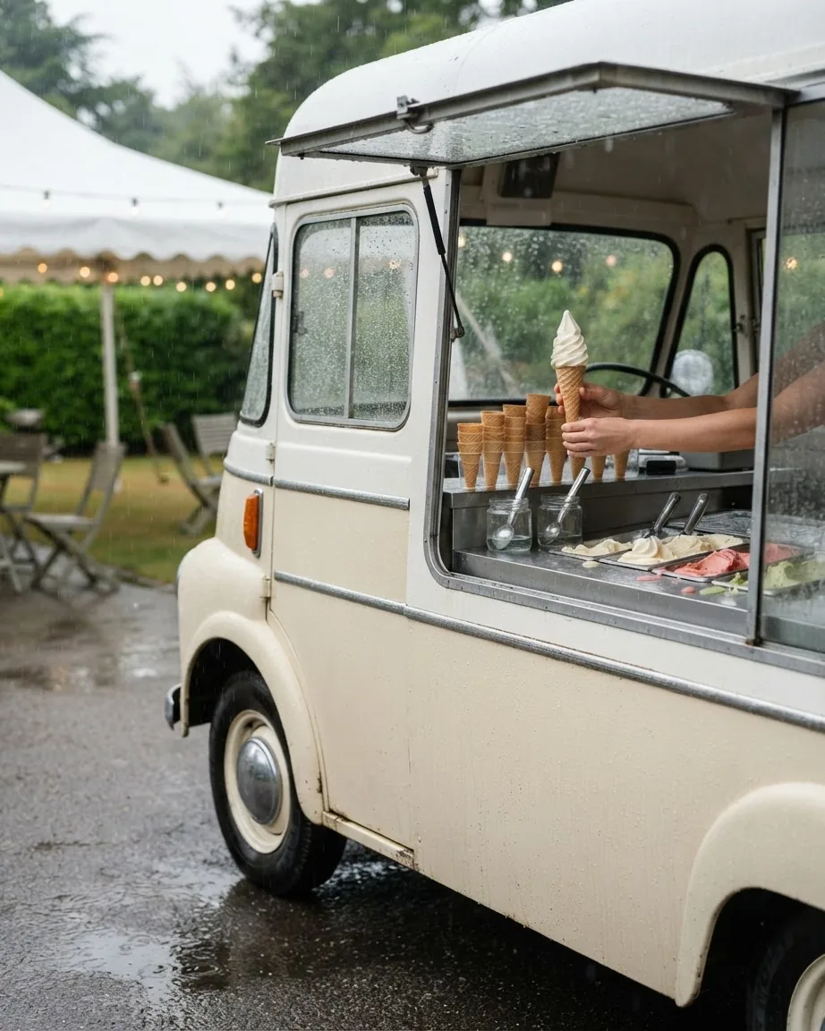 A cream-colored ice cream truck serves a soft-serve cone at an outdoor event in light rain beside a white tent.
