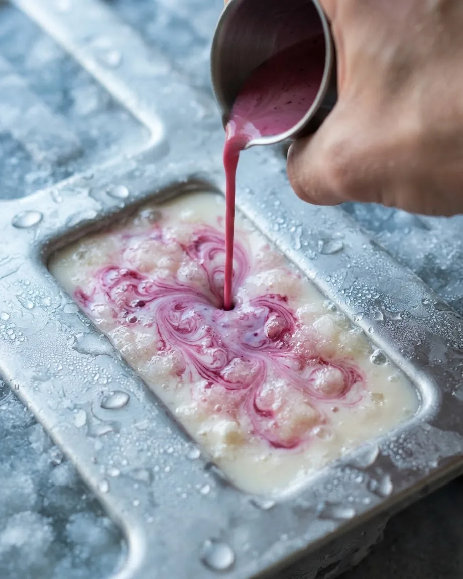 A hand pours pink liquid from a metal cup into a creamy, partially frozen mixture, forming marbled swirls in a mold.