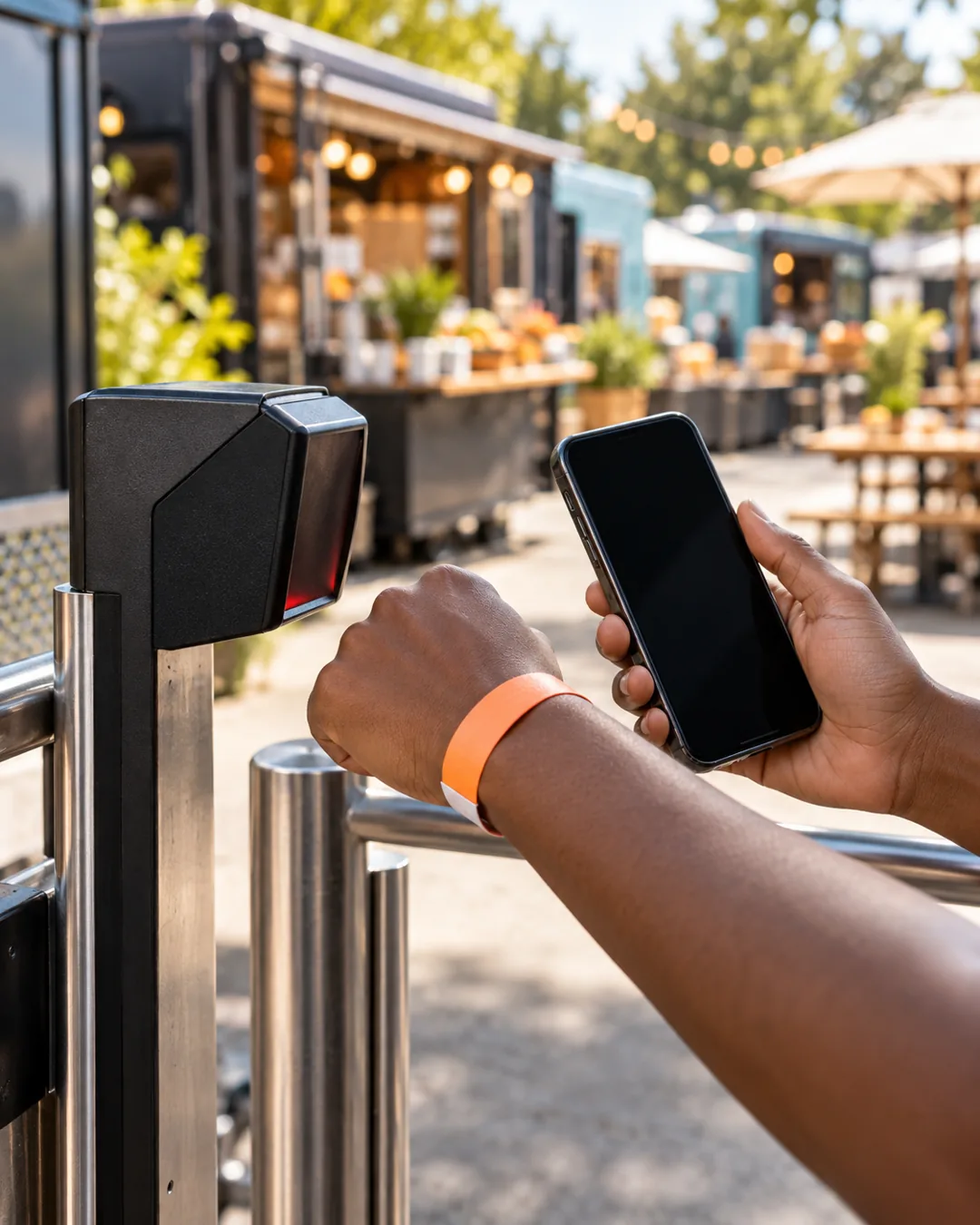 Hands hold a phone and present an orange wristband beside an entry scanner at an outdoor food truck venue.