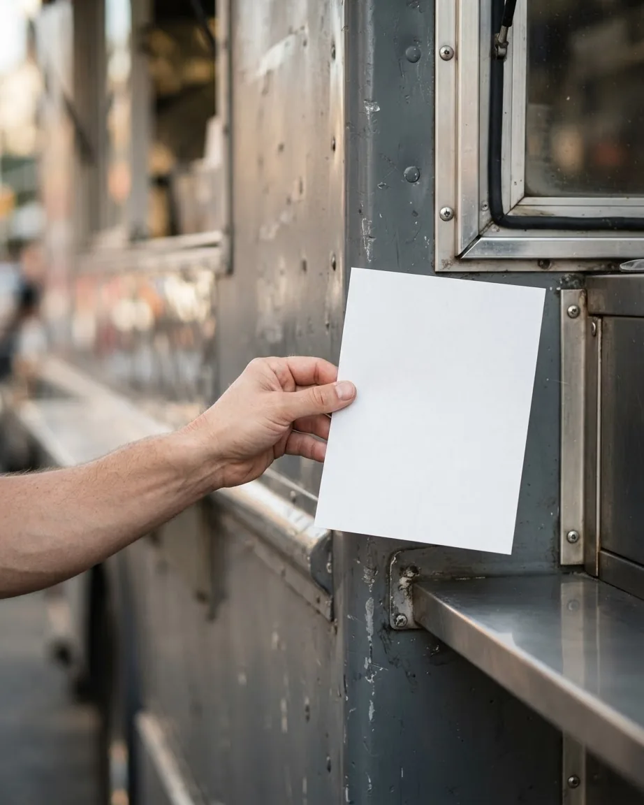 A hand holds a blank document beside the metal service window of a food truck.