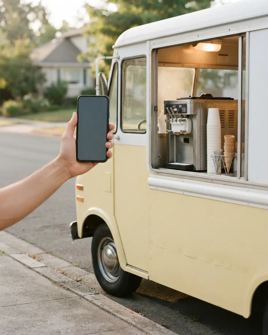 A hand holds a dark-screened smartphone beside a pale yellow ice cream truck with a soft-serve machine and cones.