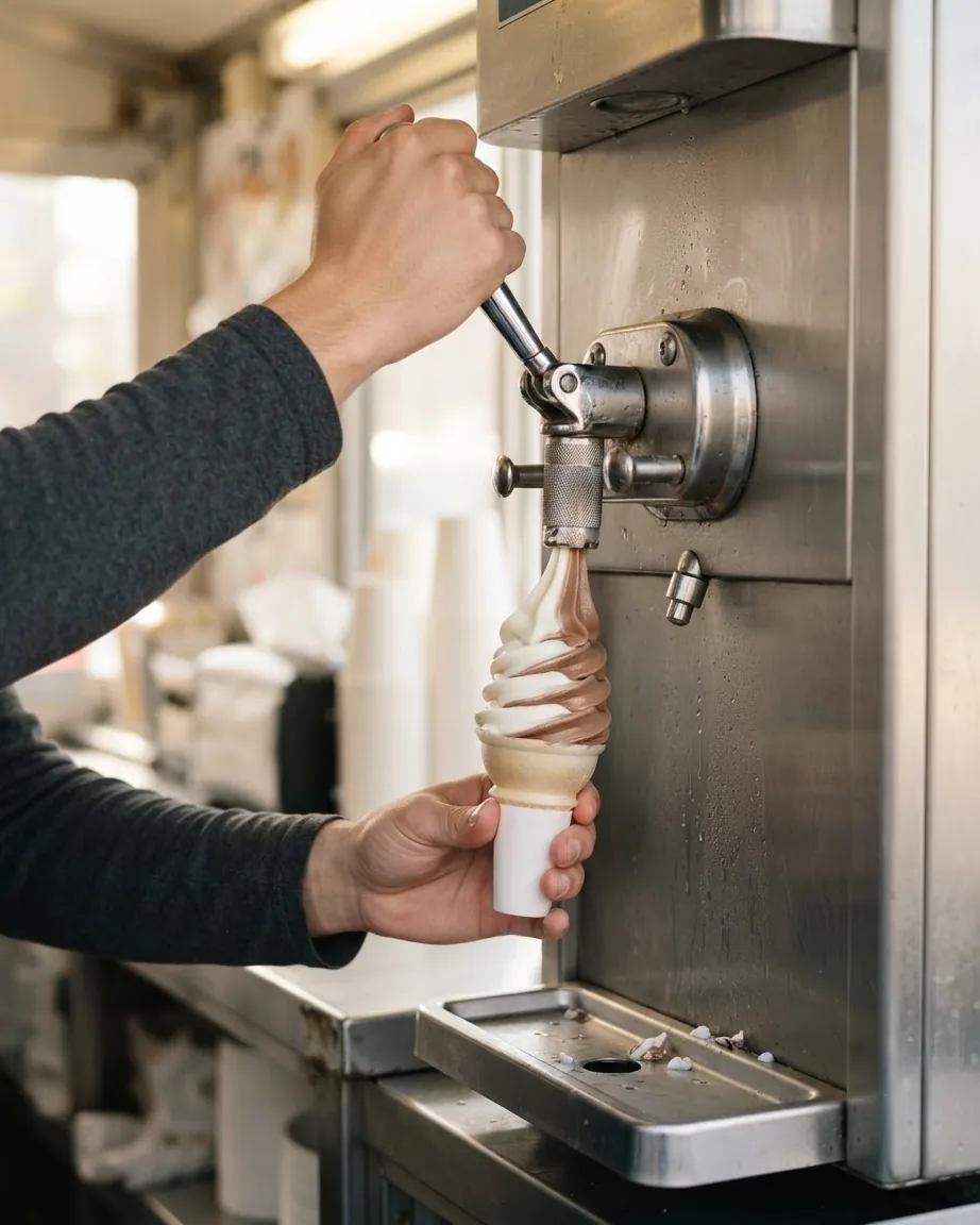 Hands operate a stainless steel soft-serve machine, filling a cone with swirled chocolate and vanilla ice cream.