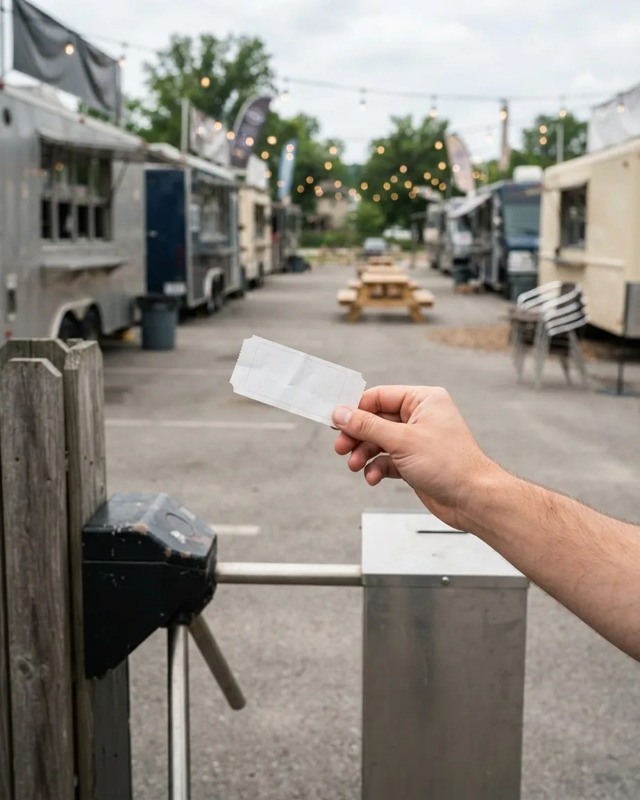 A hand holds a blank paper ticket beside a metal entrance turnstile, with food trucks and string lights beyond.