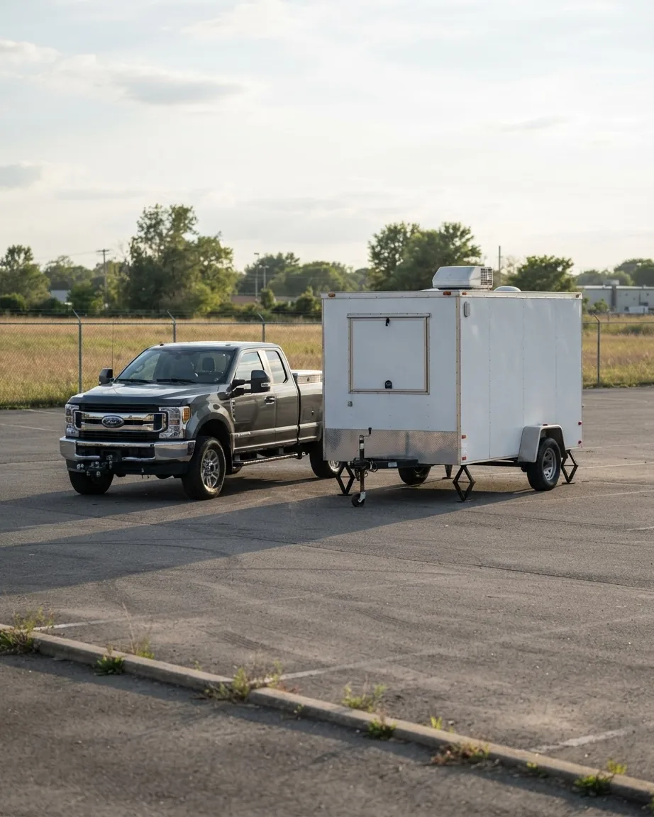A gray pickup truck beside a white enclosed trailer in an empty parking lot bordered by grass and trees.