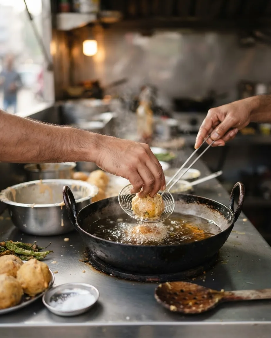 Hands lower a batter-coated potato ball into hot oil in a wok beside prepared fritters.