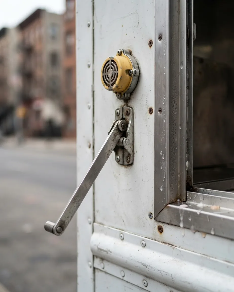 Close-up of a yellow warning beeper and metal signage arm mounted on a weathered white truck beside a service window.