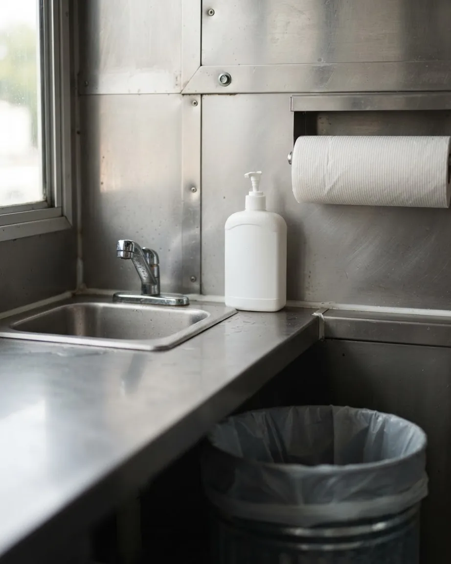 A stainless steel handwashing sink beside a white soap dispenser, wall-mounted paper towels, and a lined trash bin.