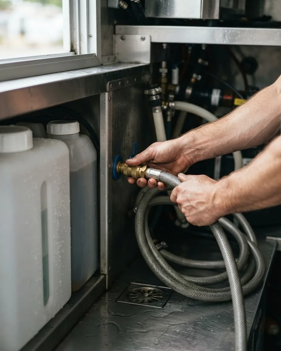 Hands connect a braided hose to a brass inlet beside two translucent tanks in a metal compartment.