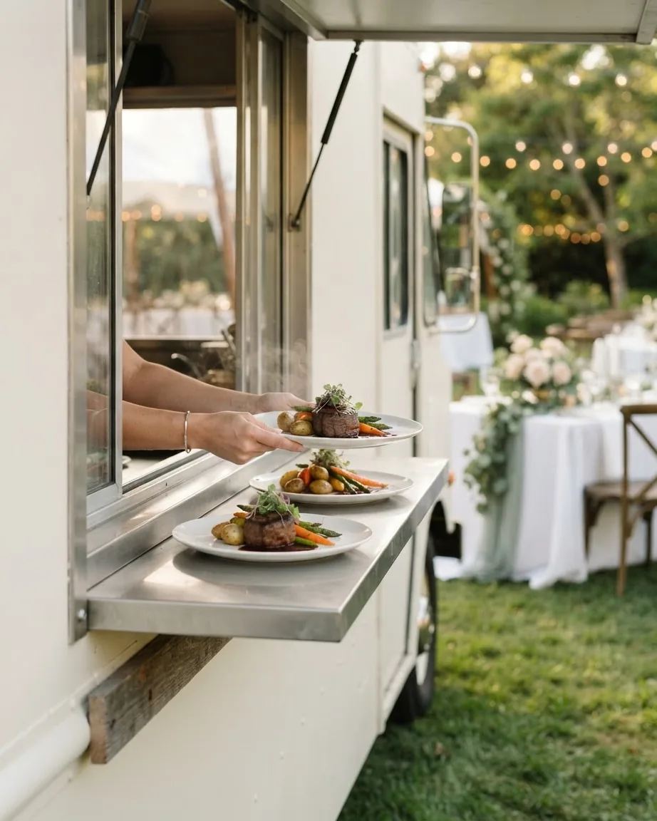 Hands pass a plated steak and vegetables through a food truck window, with wedding tables in the background.