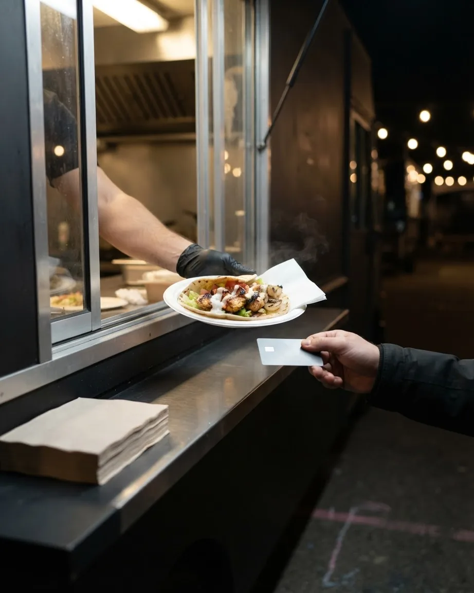 A gloved hand serves a plate of tacos through a food truck window as a customer holds out a payment card at night.