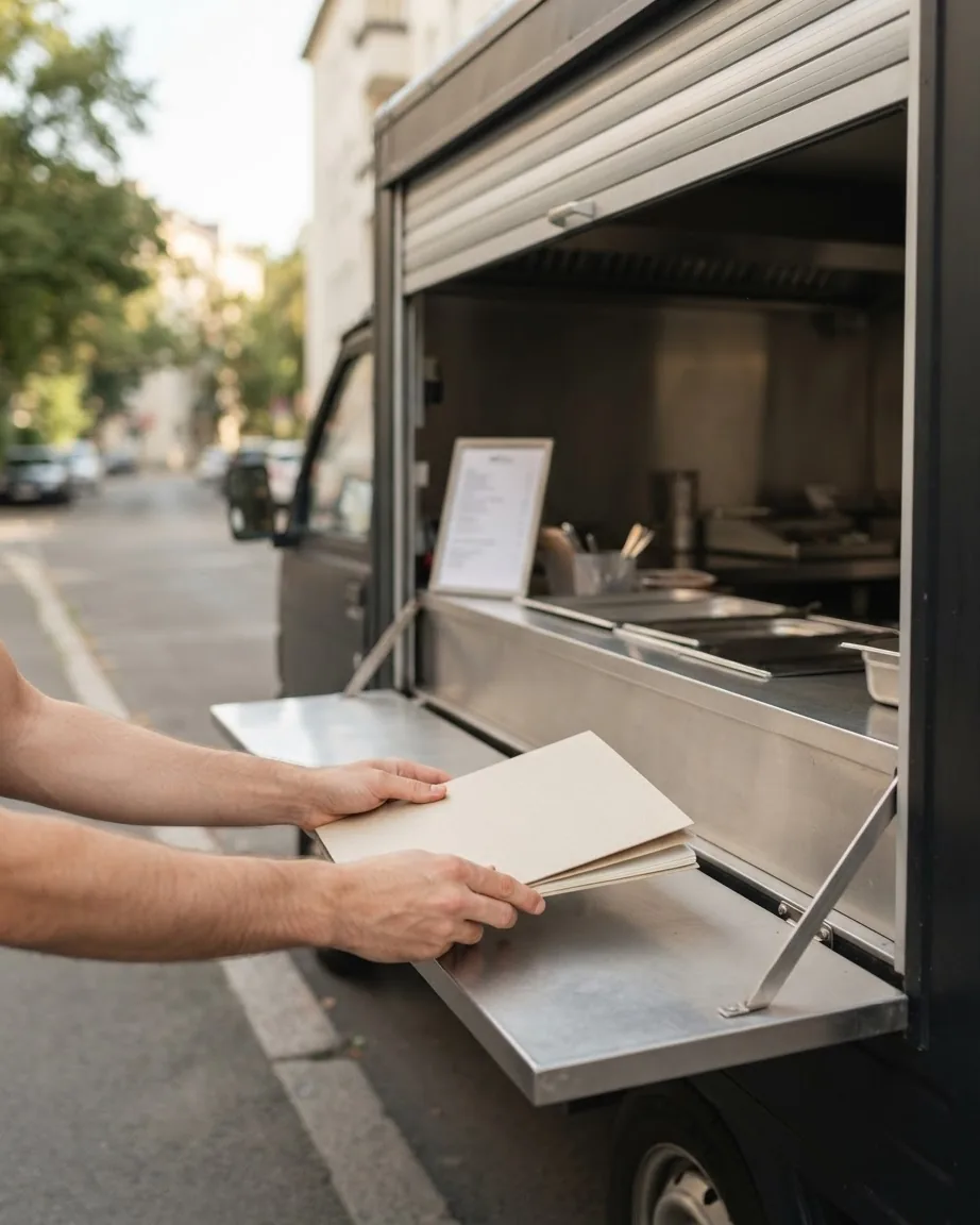 Hands hold a plain beige document folder on the serving counter of a parked food truck.