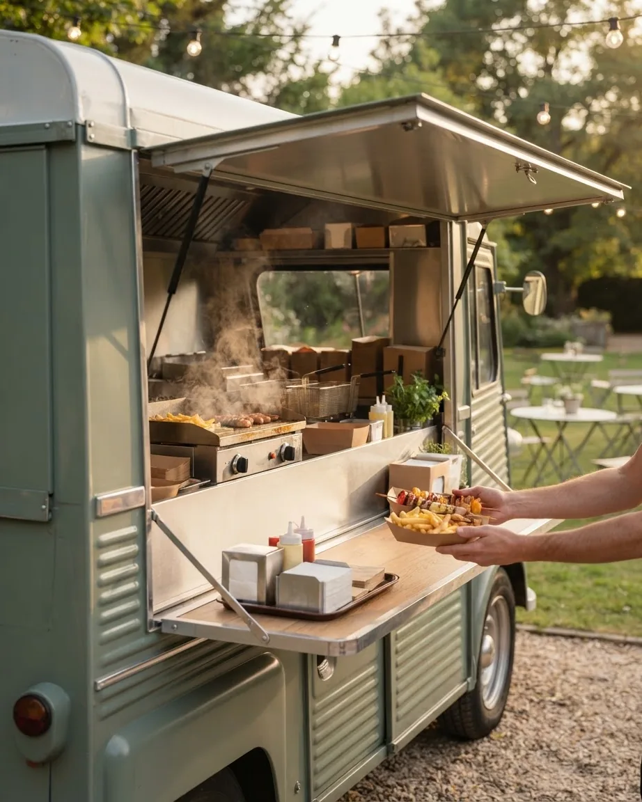 A sage green food truck with an open serving window, steaming grill, and a tray of food being handed to a customer outdoors.