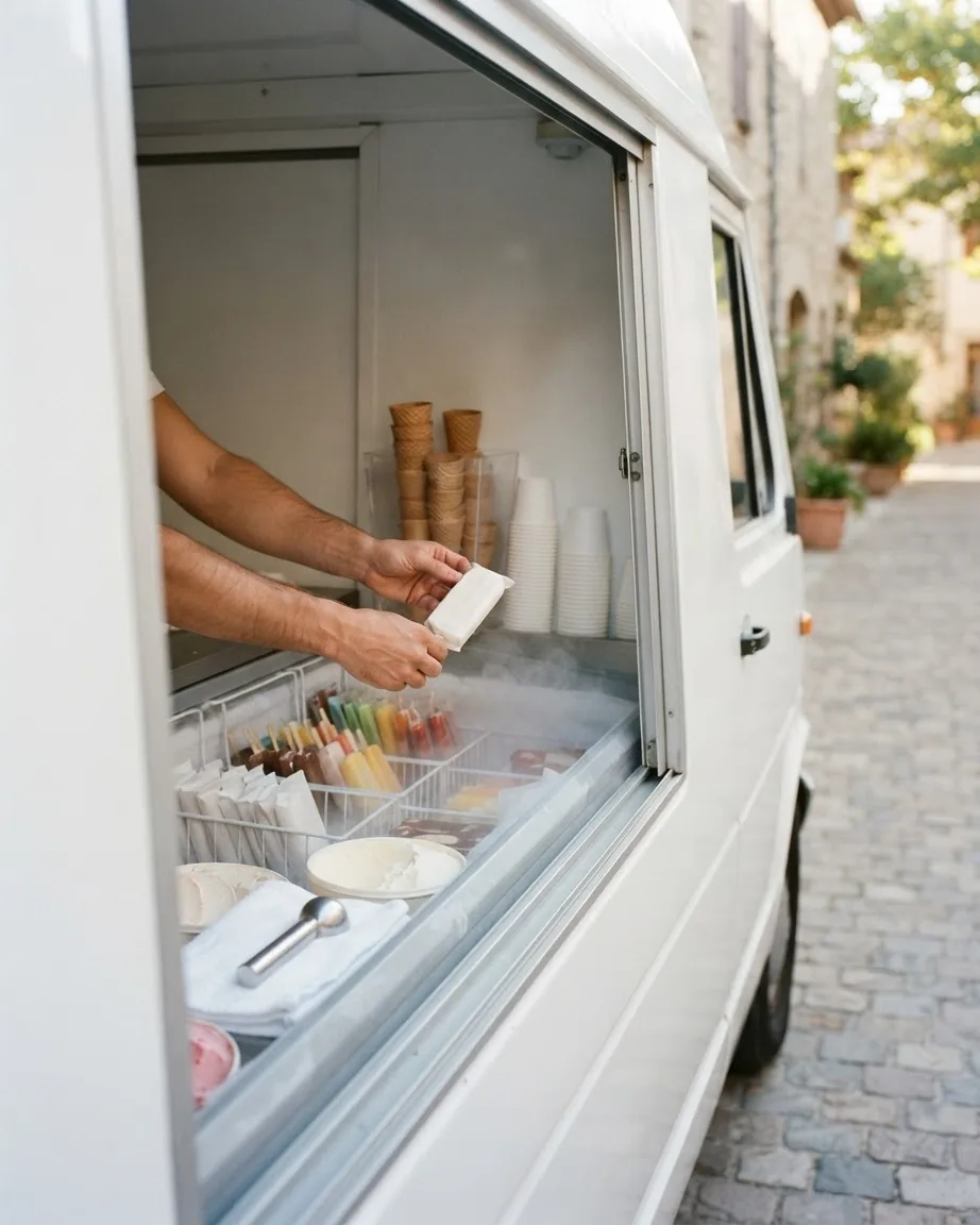 A vendor's hands hold a wrapped ice cream bar above a stocked freezer inside a white ice cream truck.