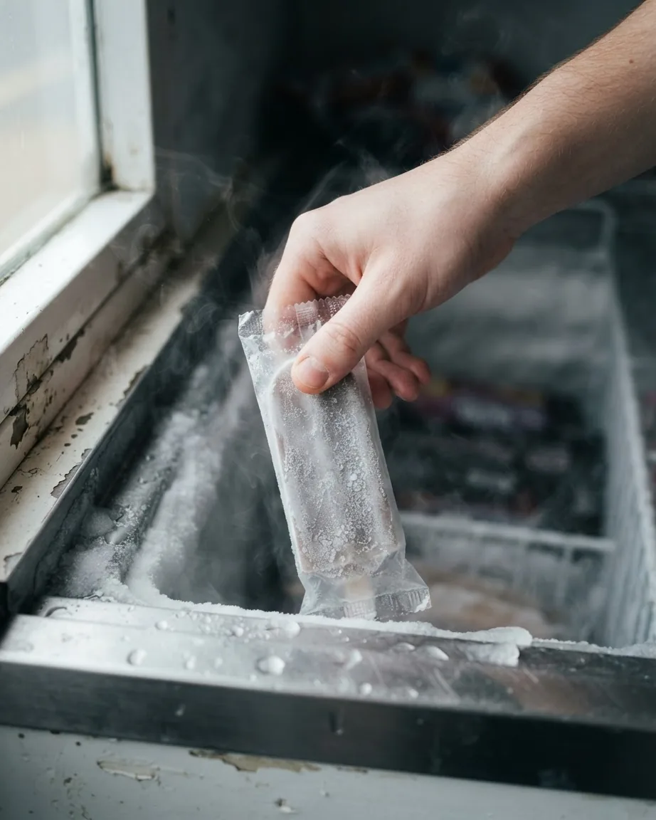 A hand lifts a frost-covered, individually wrapped frozen treat from an open freezer with icy edges.