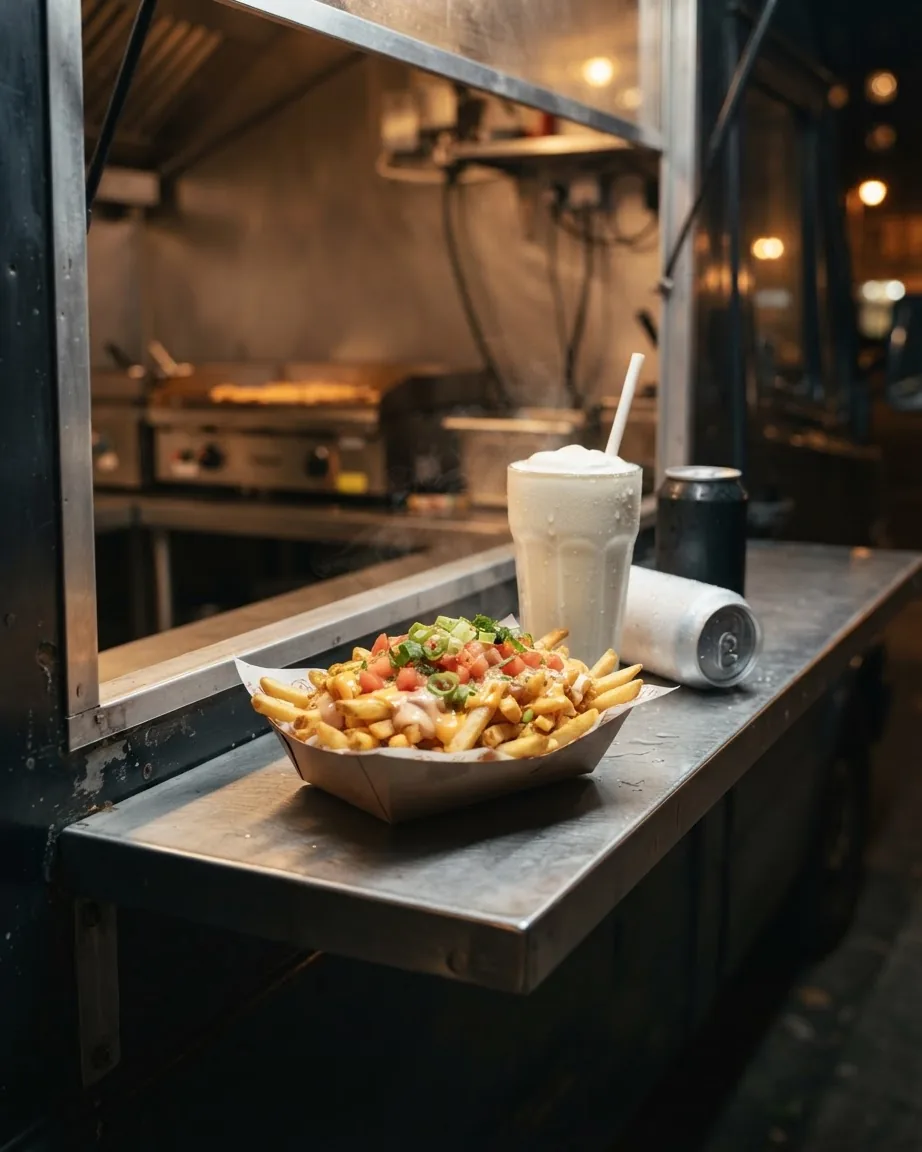 Loaded fries with cheese, sauce, diced tomato and spring onions on a food truck counter beside a milkshake and cans.