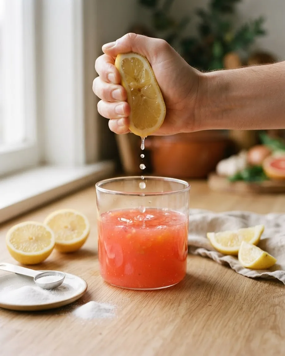 A hand squeezes a lemon into a glass of pink liquid on a wooden counter beside lemon halves and white powder.