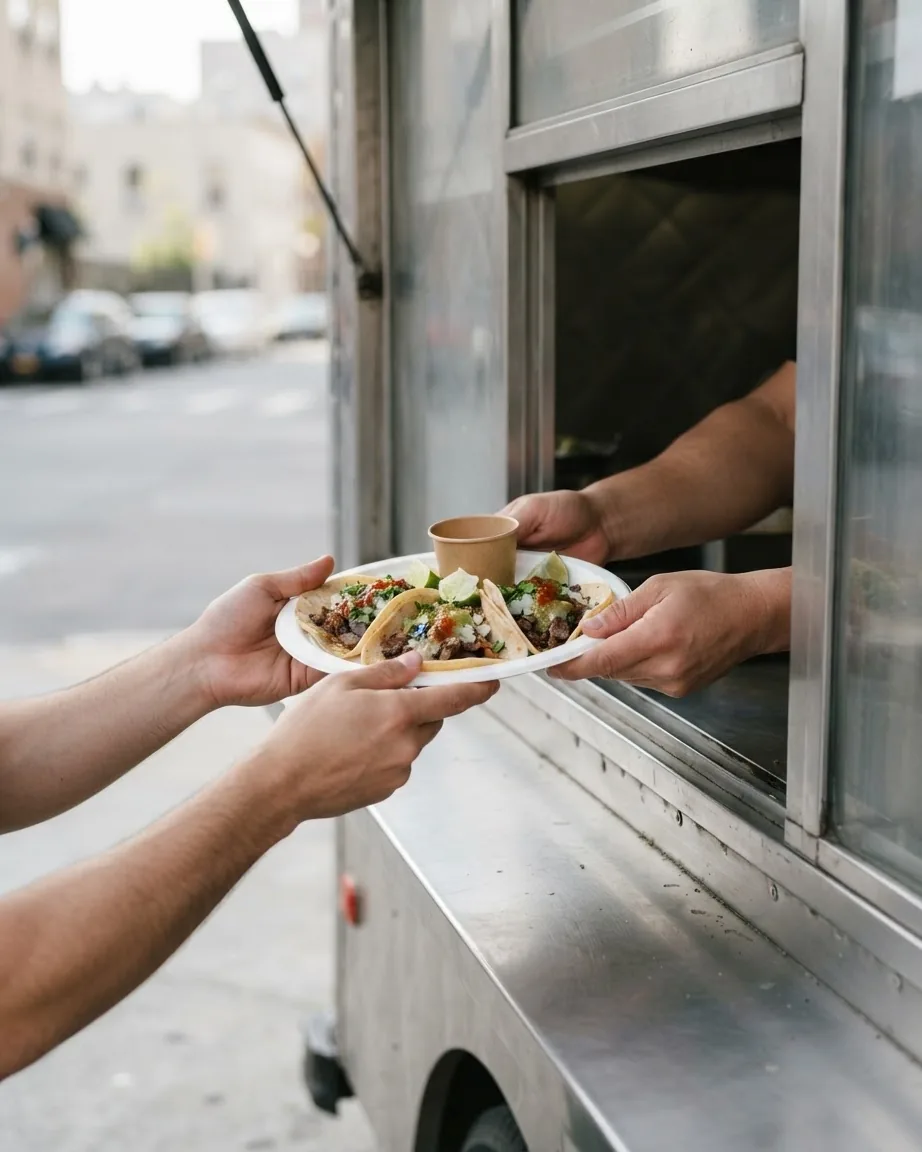 Hands pass a plate of freshly prepared tacos through a stainless steel food truck window to a customer.