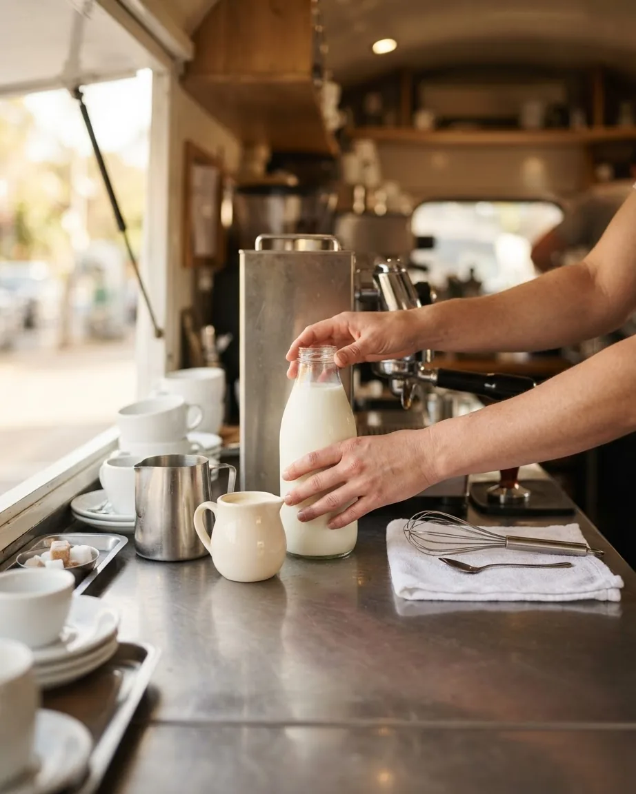 Hands arrange a bottle of milk beside coffee equipment and utensils inside a compact truck.