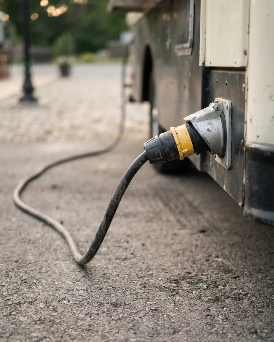 A thick black electrical cable plugs into the side of a food truck and trails across a paved parking area.