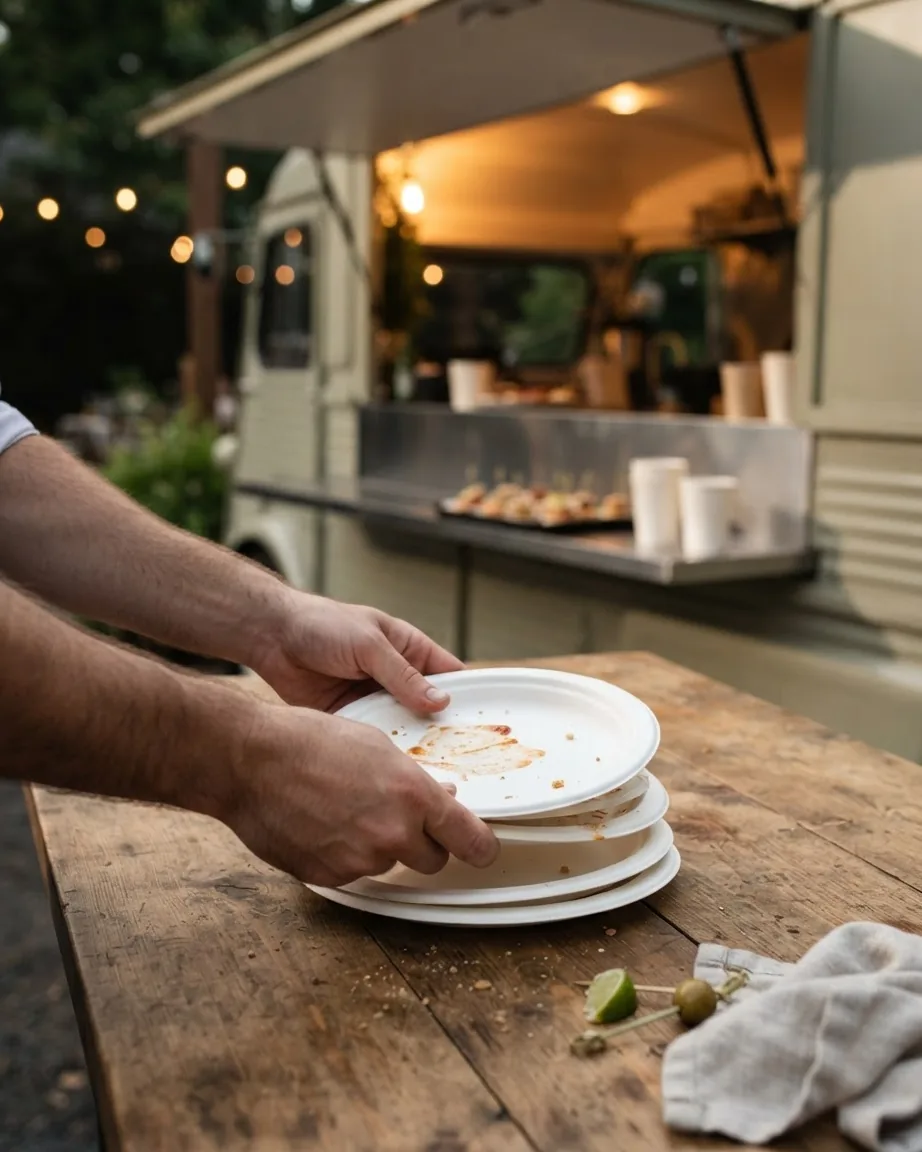Hands stack used disposable plates on a wooden table beside a warmly lit food truck with an open service window.