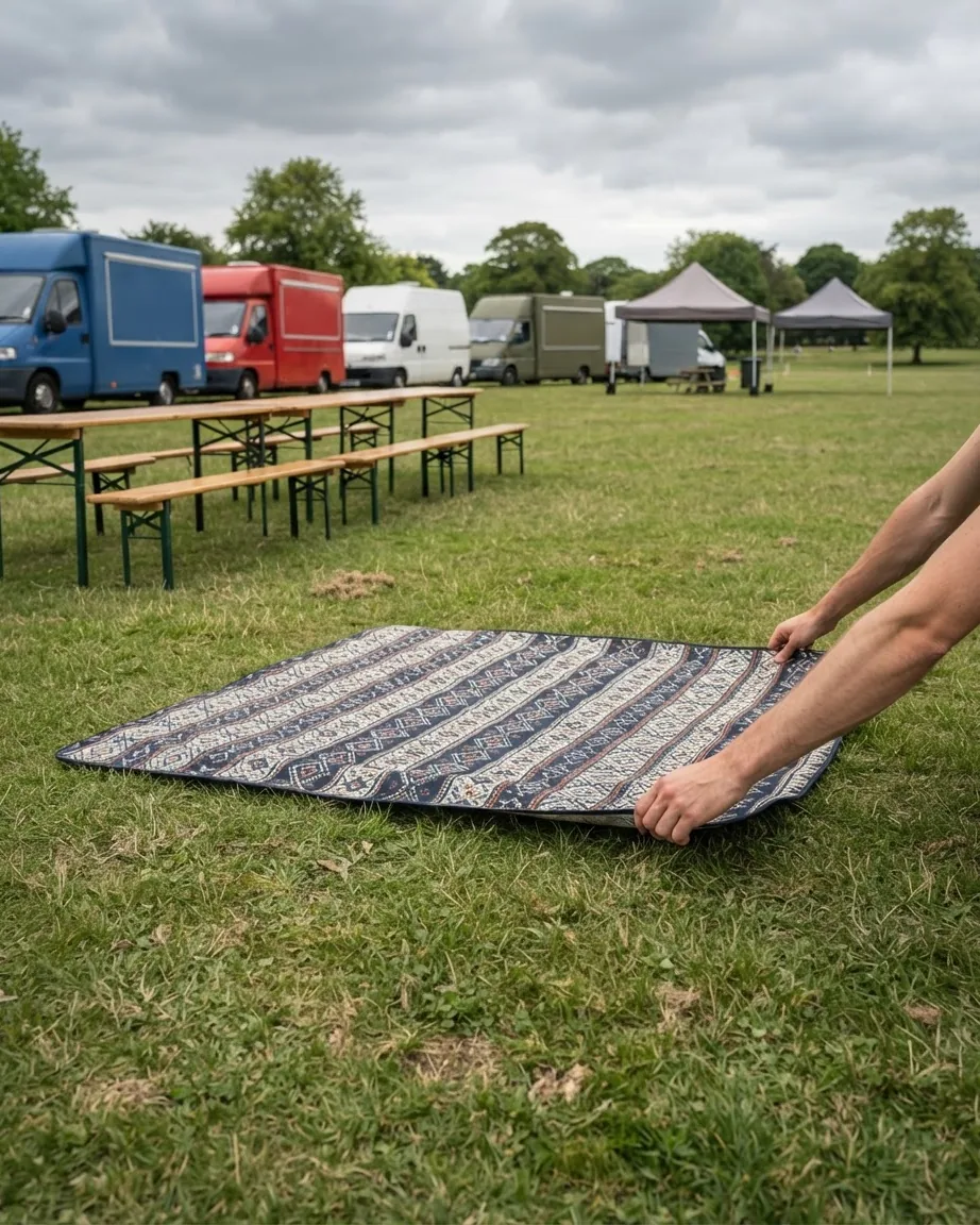 Two hands spread a patterned blanket on grass beside picnic tables, parked food trucks, and festival tents.
