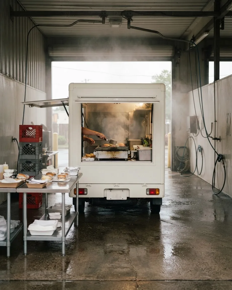 A white burger truck cooking food inside a wet car wash bay, beside milk crates and stainless-steel prep tables.