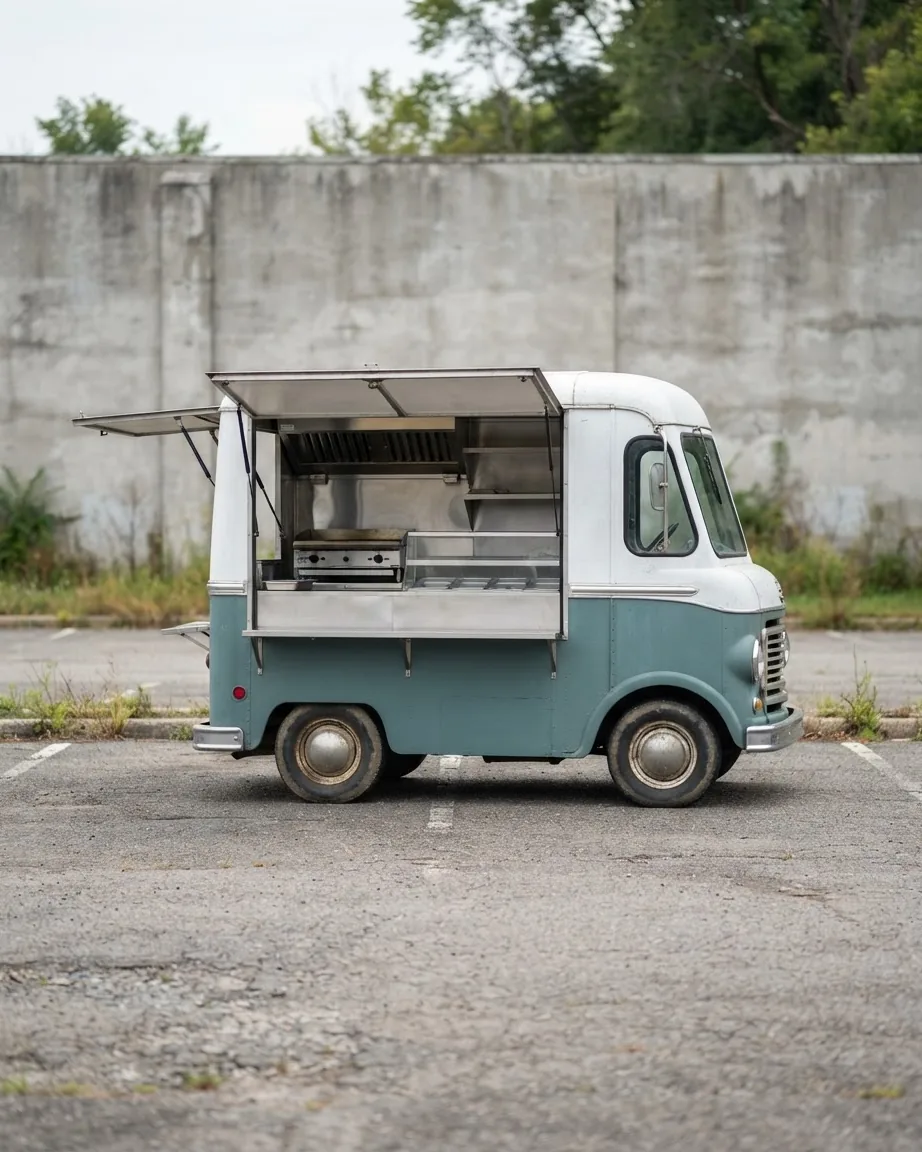 A vintage teal and white food truck with an open serving hatch parked in an empty lot by a concrete wall.
